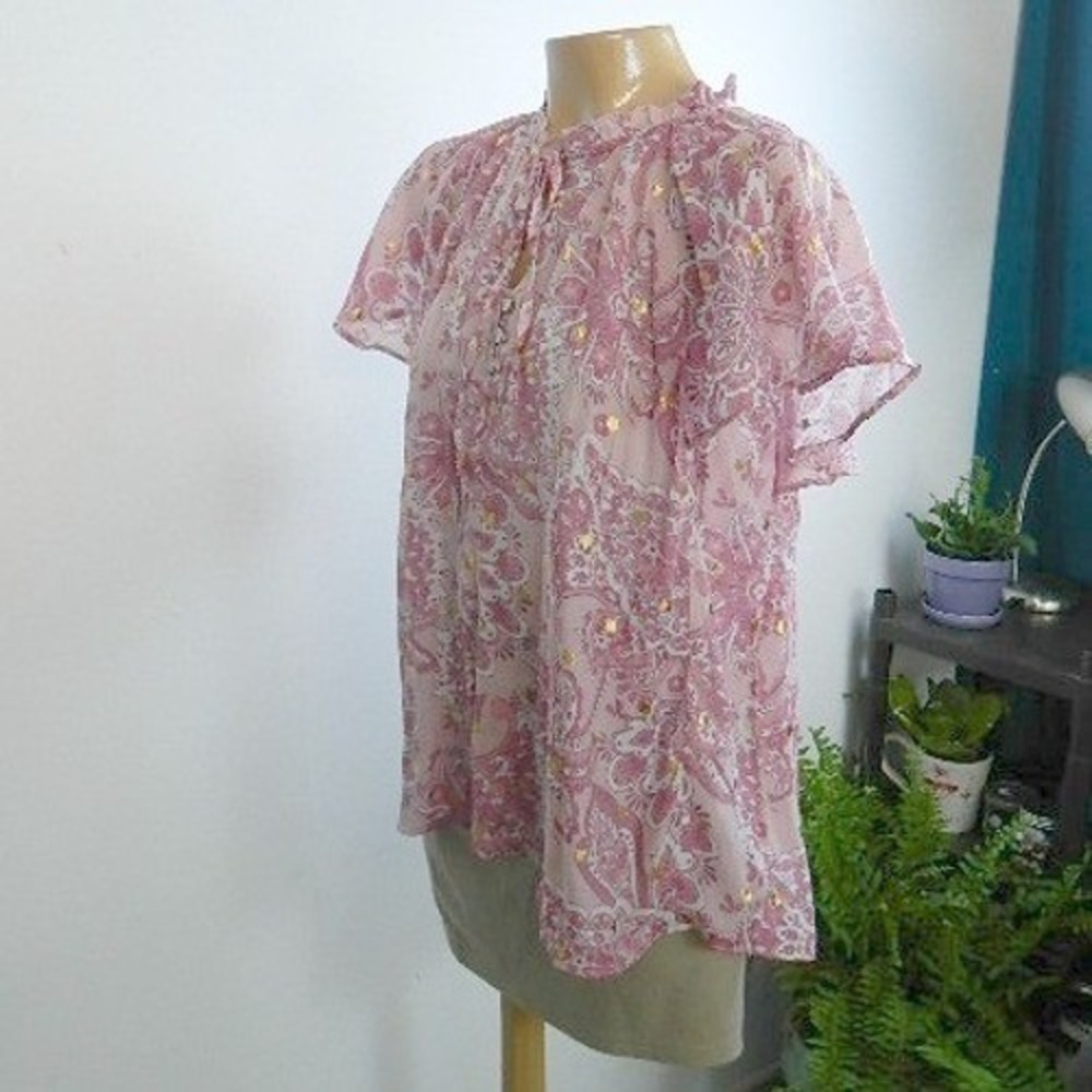 Alex & Parker Blouse Women Large Pink Paisley Gold‎ Foil Flutter Sleeve